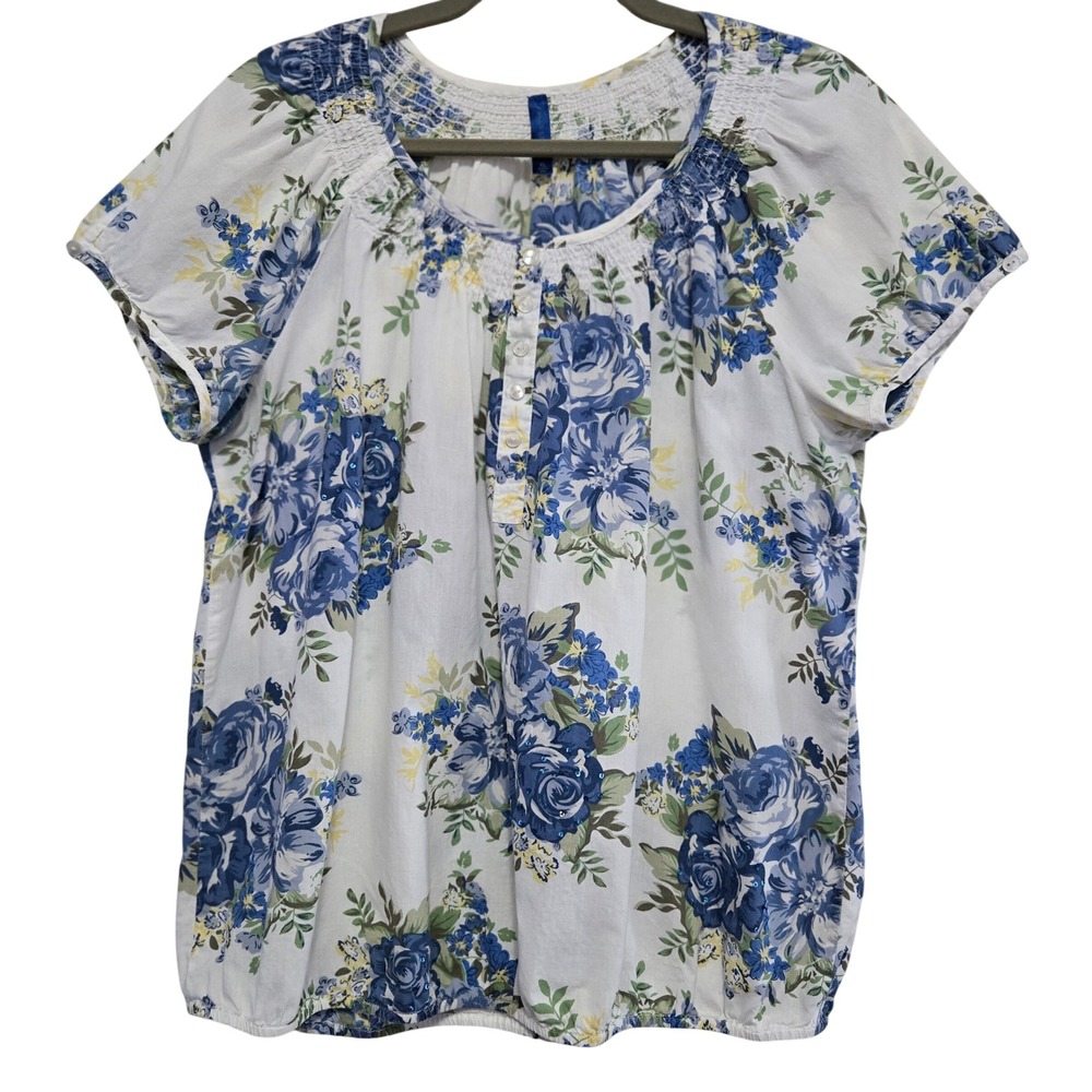 Falls‎ Creek Blue Floral Sequin Smocked Bubble Hem Blouse XL White Cotton Top